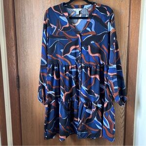 Nine West Womens Mini Tiered Shirt Dress Navy Swirl Print Small